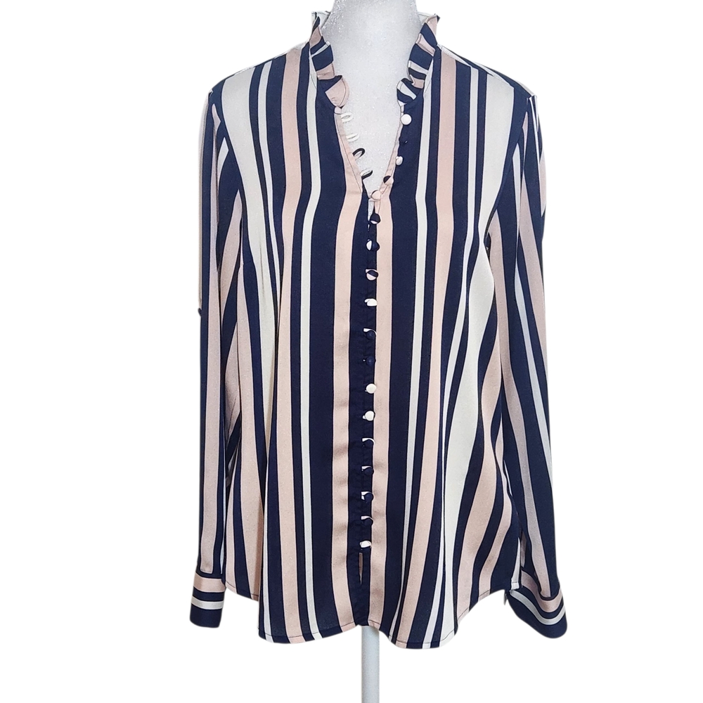 Express Navy and Pink Striped Button-up Blouse with Ruffle Neckline Size Medium